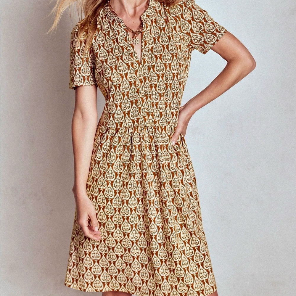 Boden Brown Patterned Naomi Short Sleeve V Neck Dress, Sz 8 Long